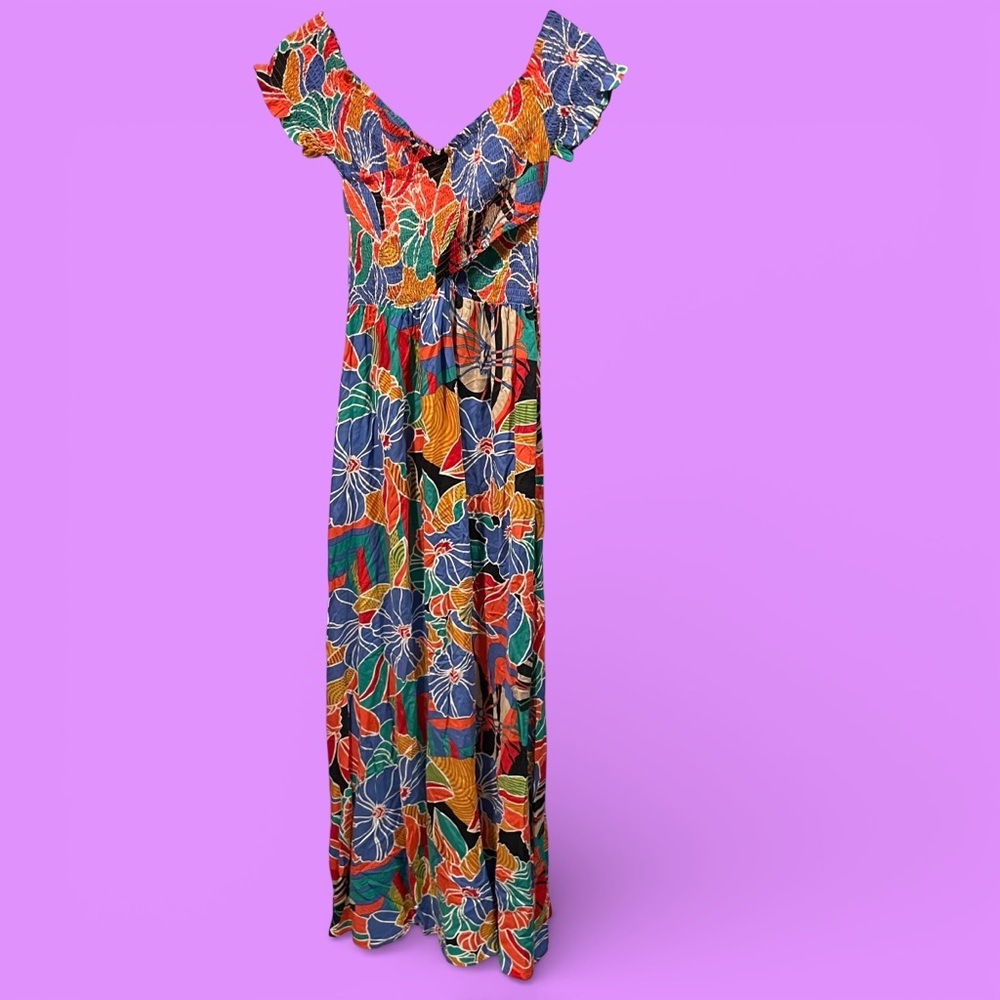 Cute boho smocked wrap tropical maxi dress stretchy top beach pool summer fun